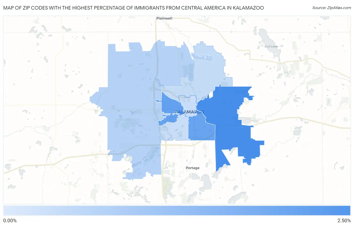 Zip Codes with the Highest Percentage of Immigrants from Central America in Kalamazoo Map