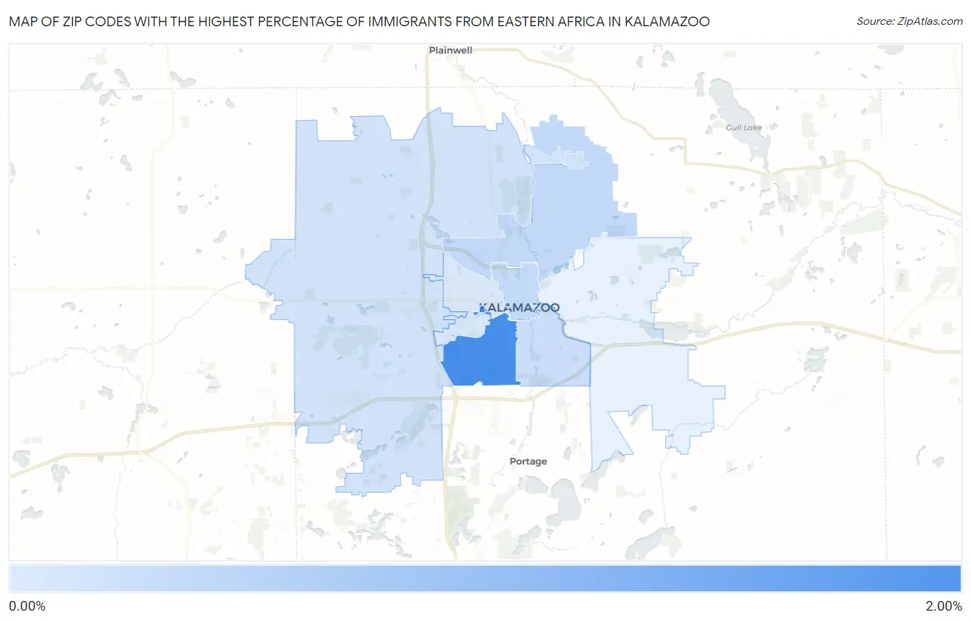 Zip Codes with the Highest Percentage of Immigrants from Eastern Africa in Kalamazoo Map