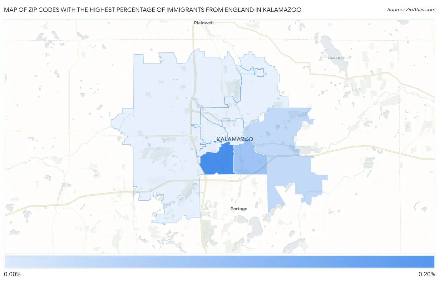 Zip Codes with the Highest Percentage of Immigrants from England in Kalamazoo Map