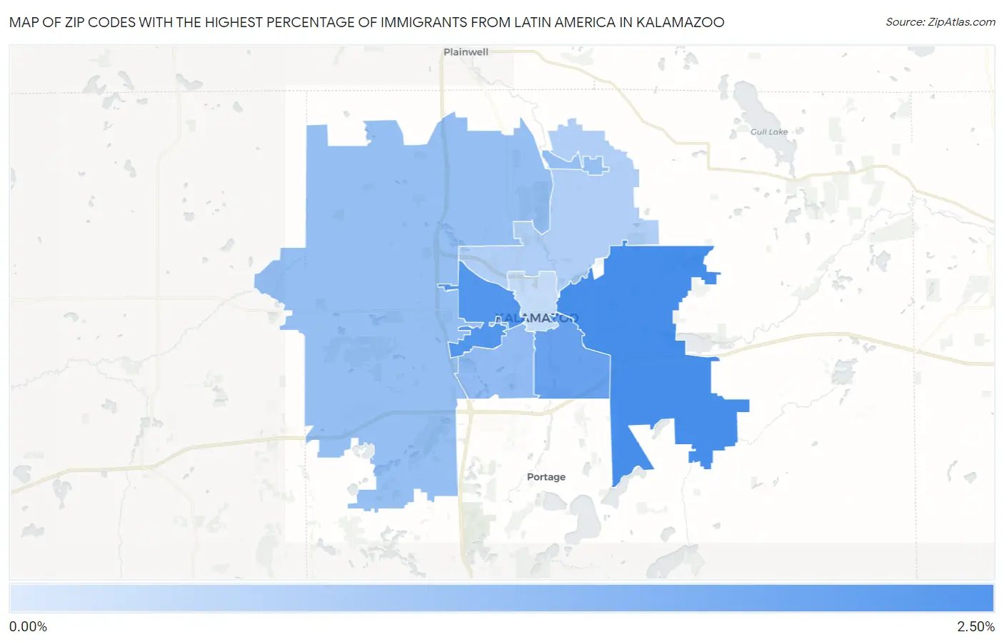 Zip Codes with the Highest Percentage of Immigrants from Latin America in Kalamazoo Map