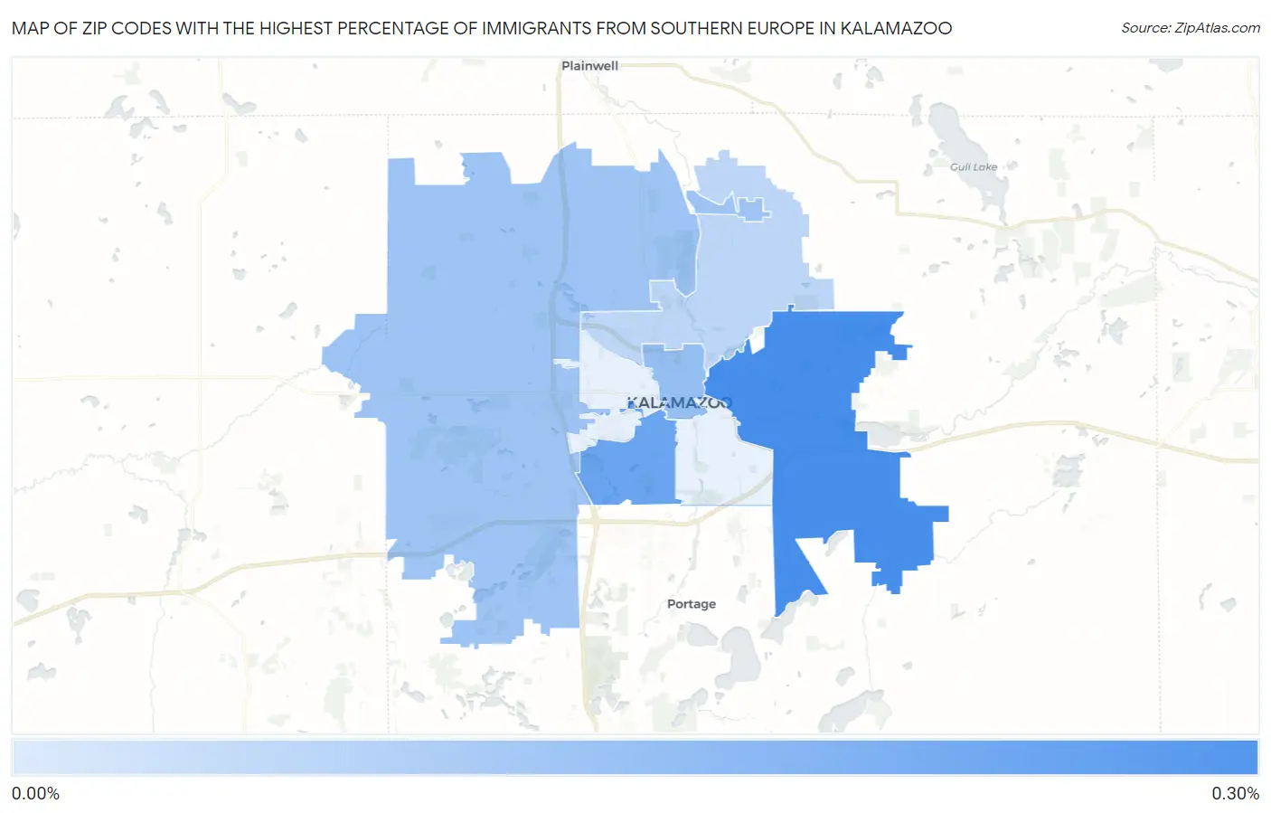 Zip Codes with the Highest Percentage of Immigrants from Southern Europe in Kalamazoo Map