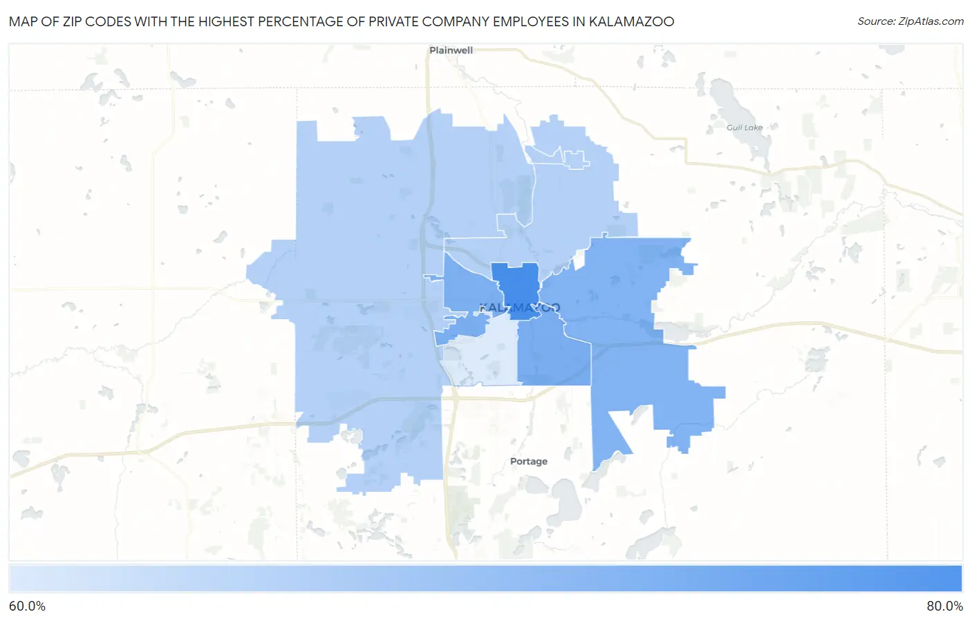 Zip Codes with the Highest Percentage of Private Company Employees in Kalamazoo Map