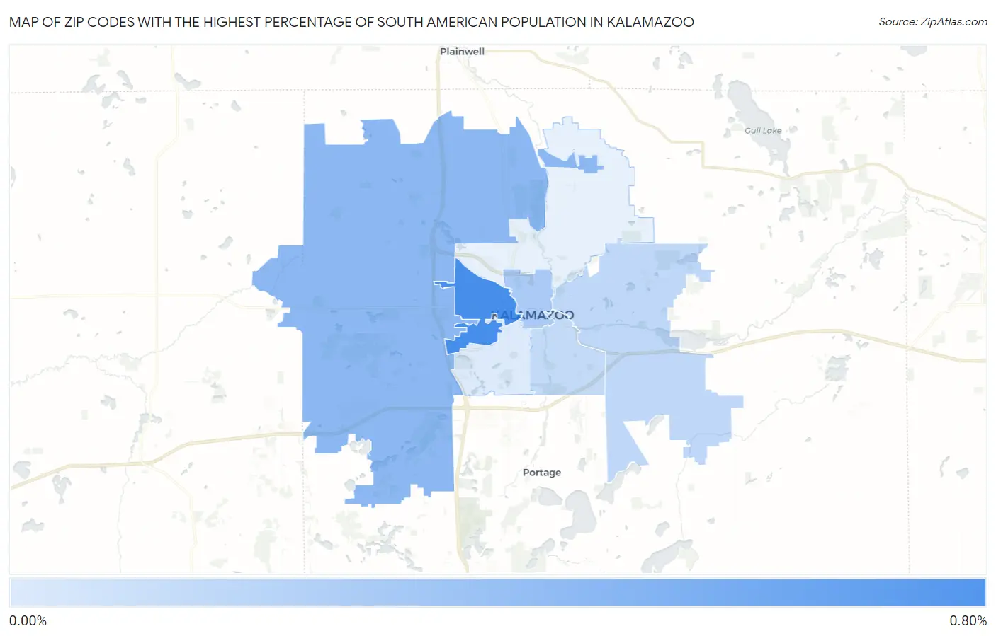 Zip Codes with the Highest Percentage of South American Population in Kalamazoo Map