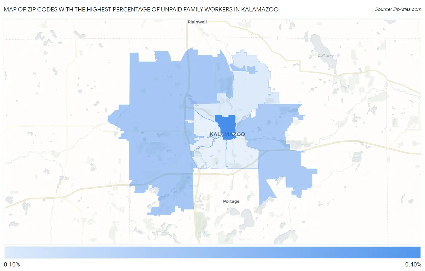 Zip Codes with the Highest Percentage of Unpaid Family Workers in Kalamazoo Map