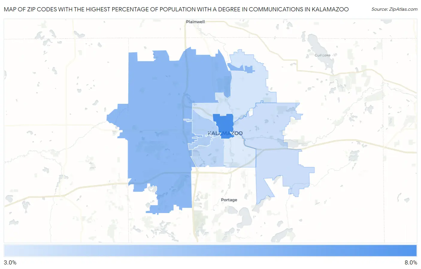 Zip Codes with the Highest Percentage of Population with a Degree in Communications in Kalamazoo Map
