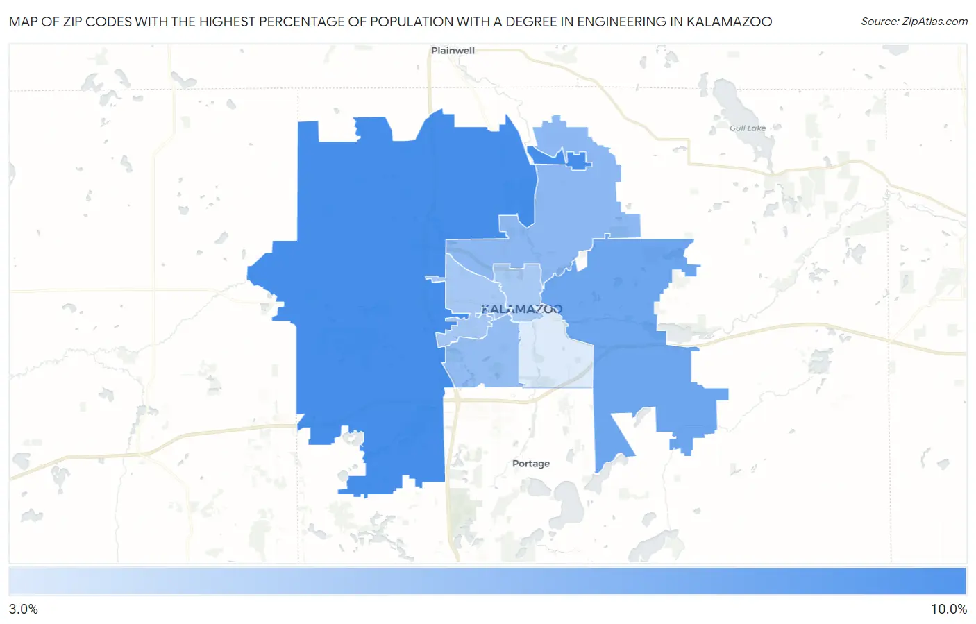 Zip Codes with the Highest Percentage of Population with a Degree in Engineering in Kalamazoo Map