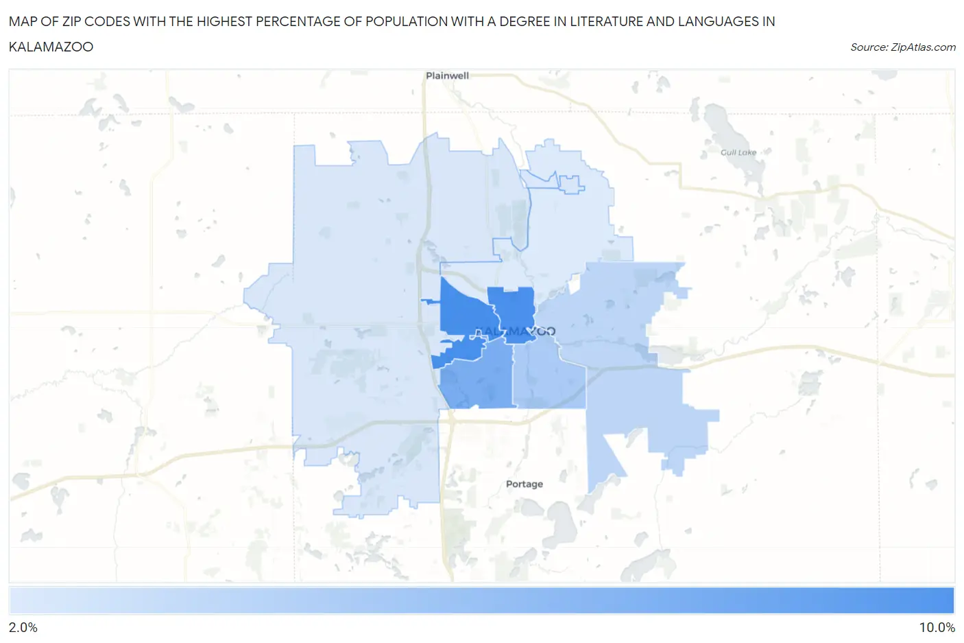Zip Codes with the Highest Percentage of Population with a Degree in Literature and Languages in Kalamazoo Map