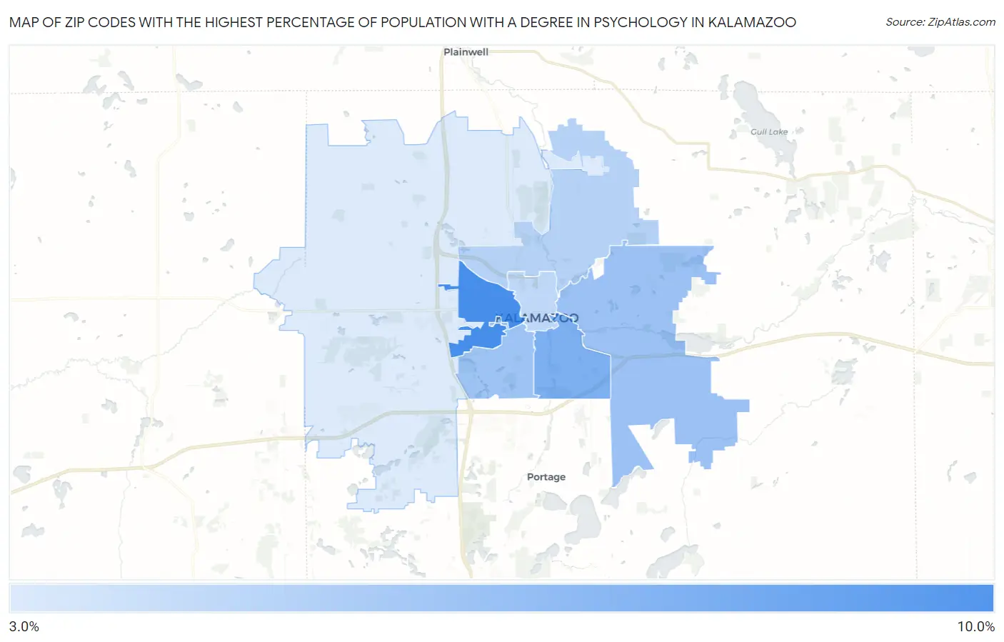Zip Codes with the Highest Percentage of Population with a Degree in Psychology in Kalamazoo Map
