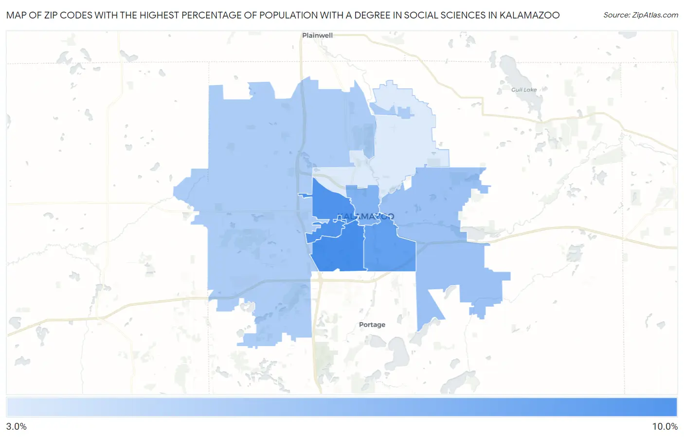 Zip Codes with the Highest Percentage of Population with a Degree in Social Sciences in Kalamazoo Map