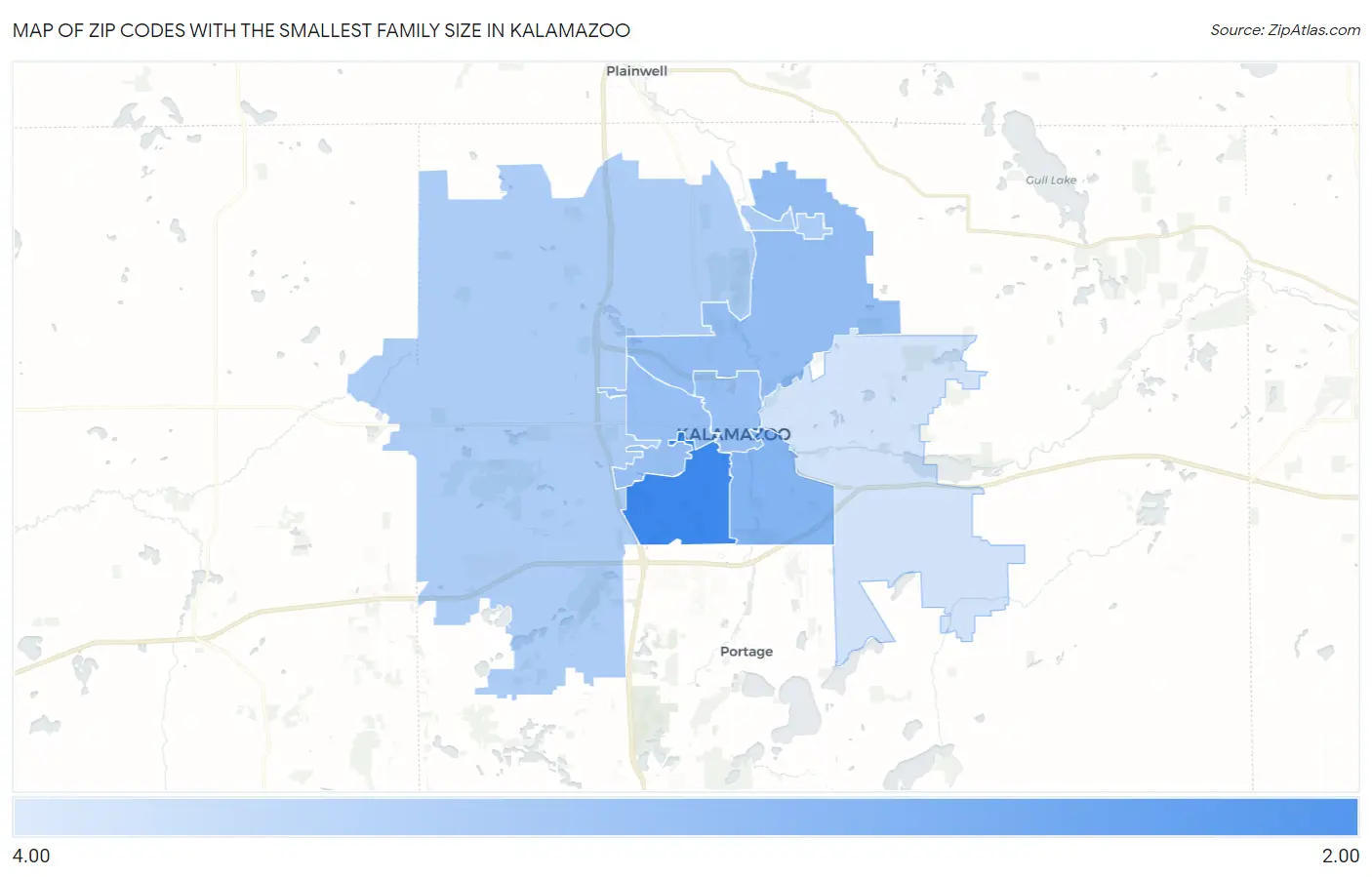 Zip Codes with the Smallest Family Size in Kalamazoo Map