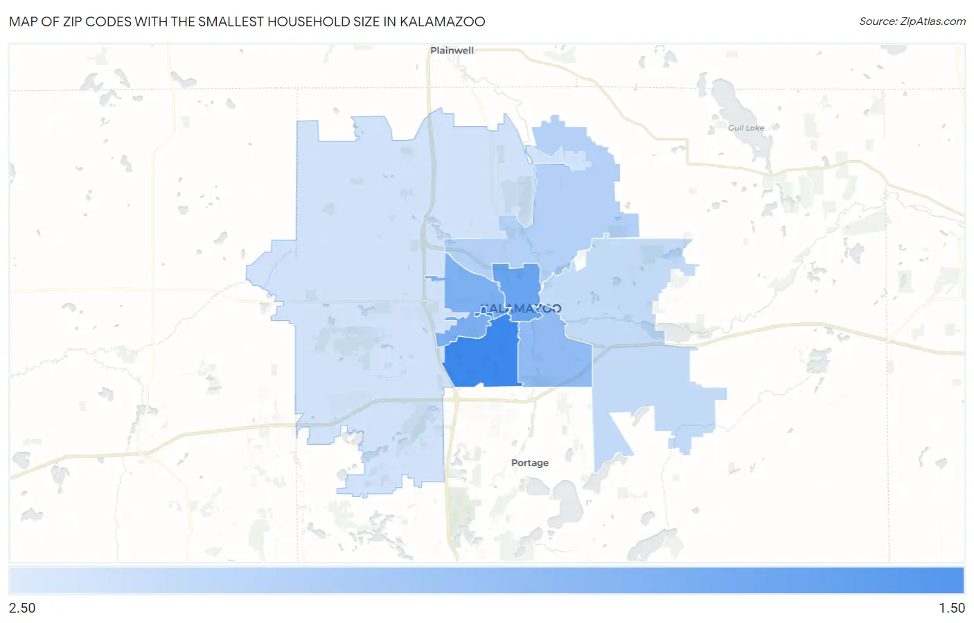 Zip Codes with the Smallest Household Size in Kalamazoo Map