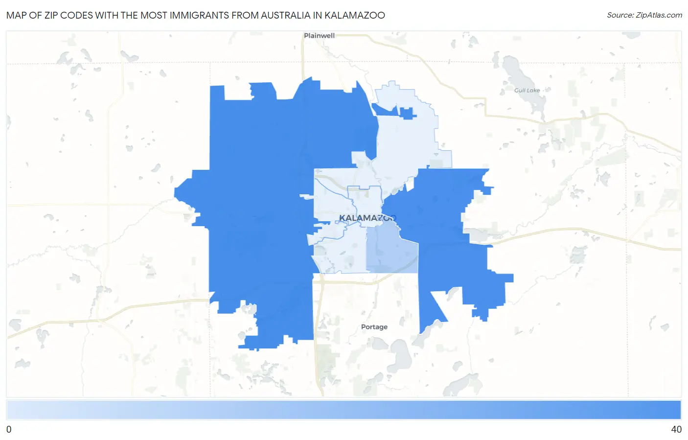 Zip Codes with the Most Immigrants from Australia in Kalamazoo Map