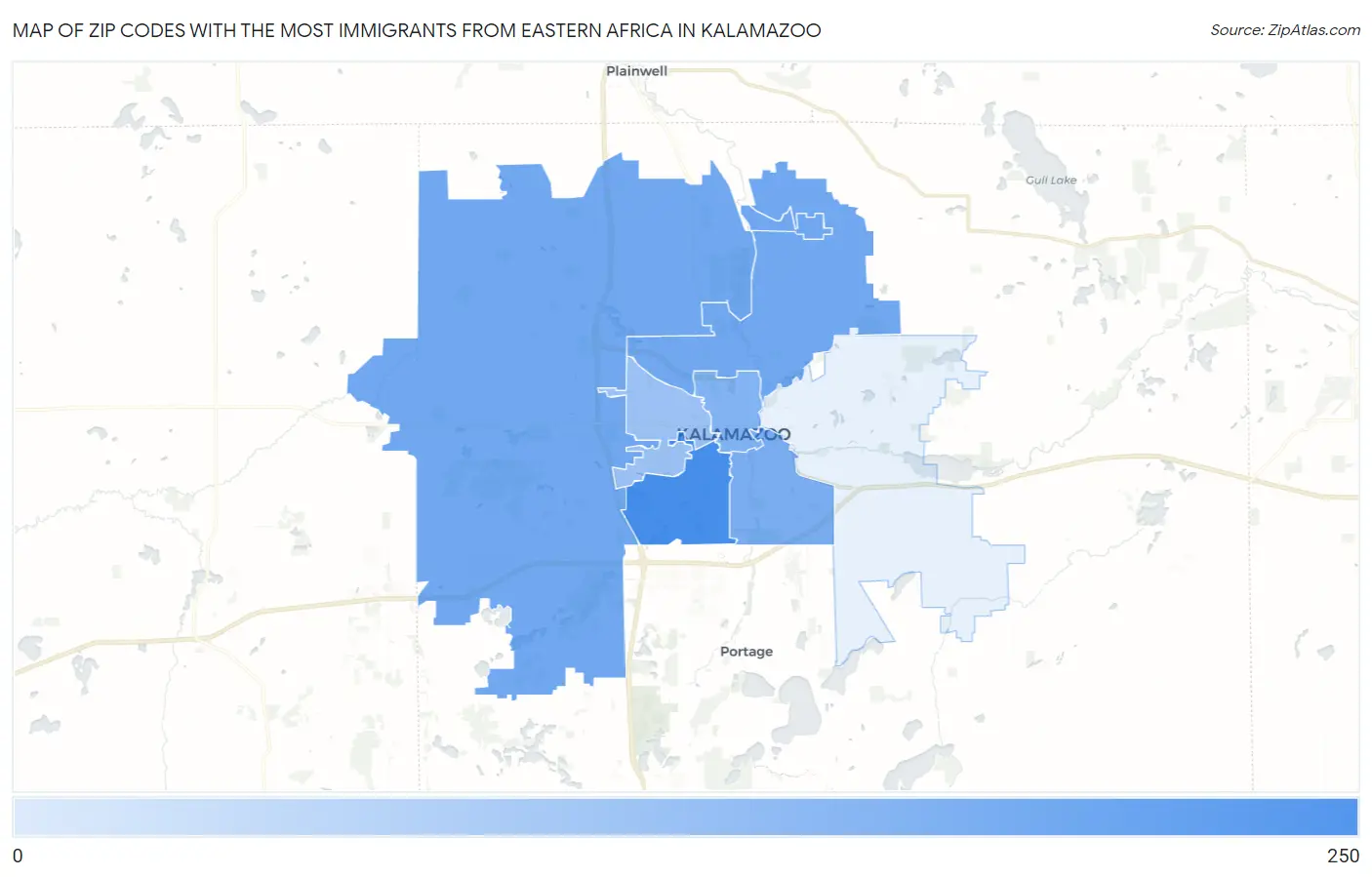 Zip Codes with the Most Immigrants from Eastern Africa in Kalamazoo Map