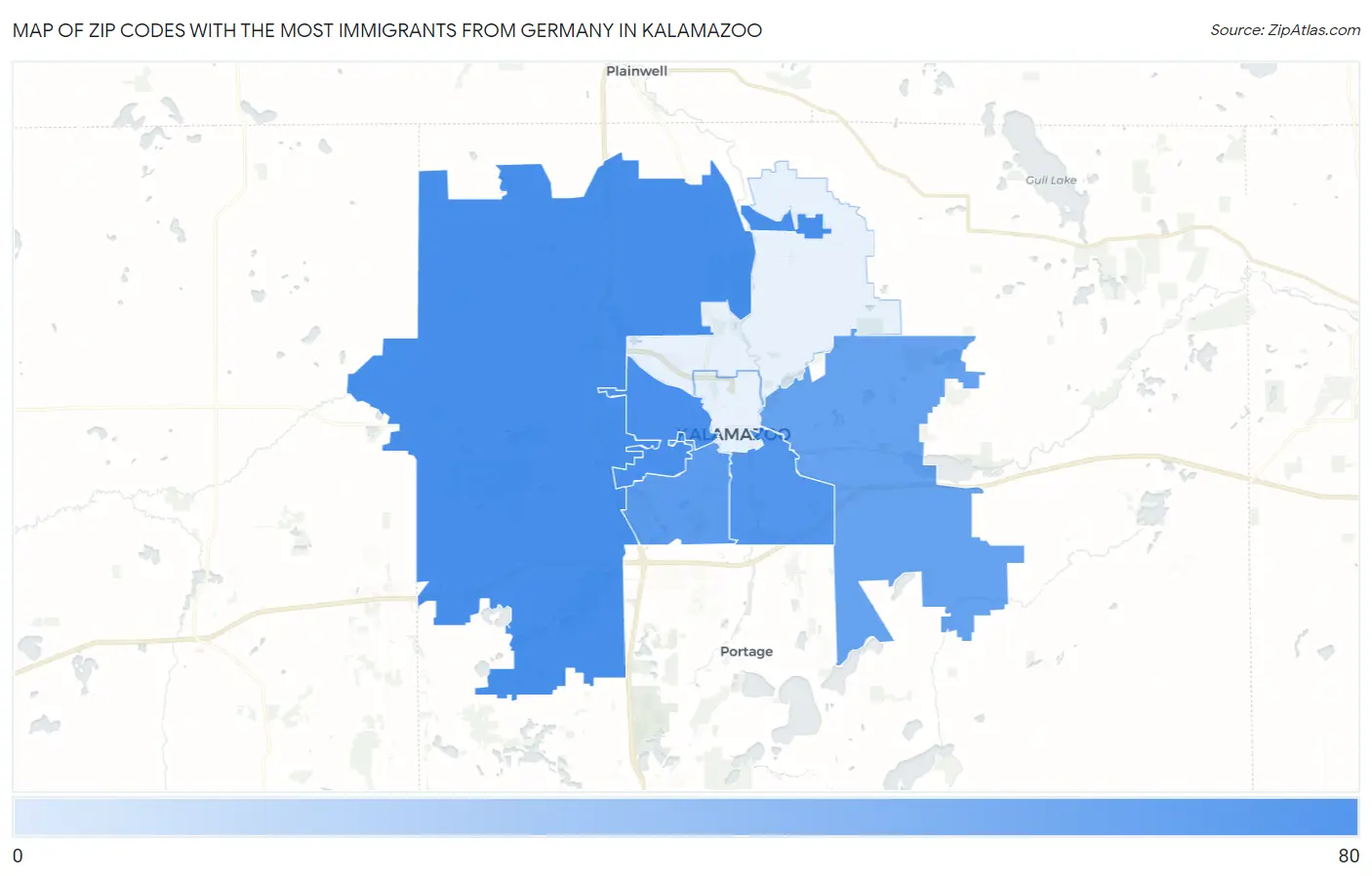 Zip Codes with the Most Immigrants from Germany in Kalamazoo Map