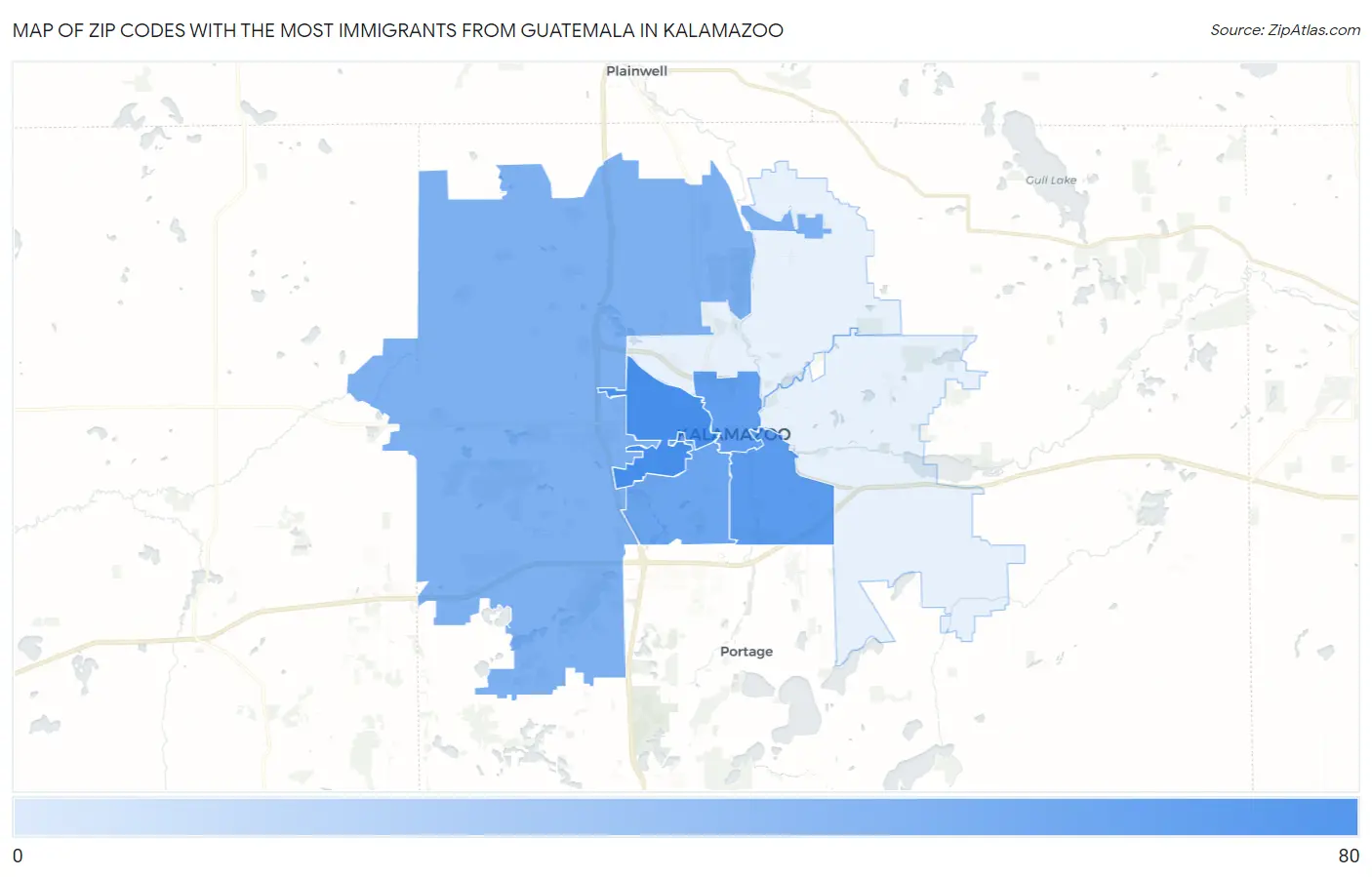 Zip Codes with the Most Immigrants from Guatemala in Kalamazoo Map