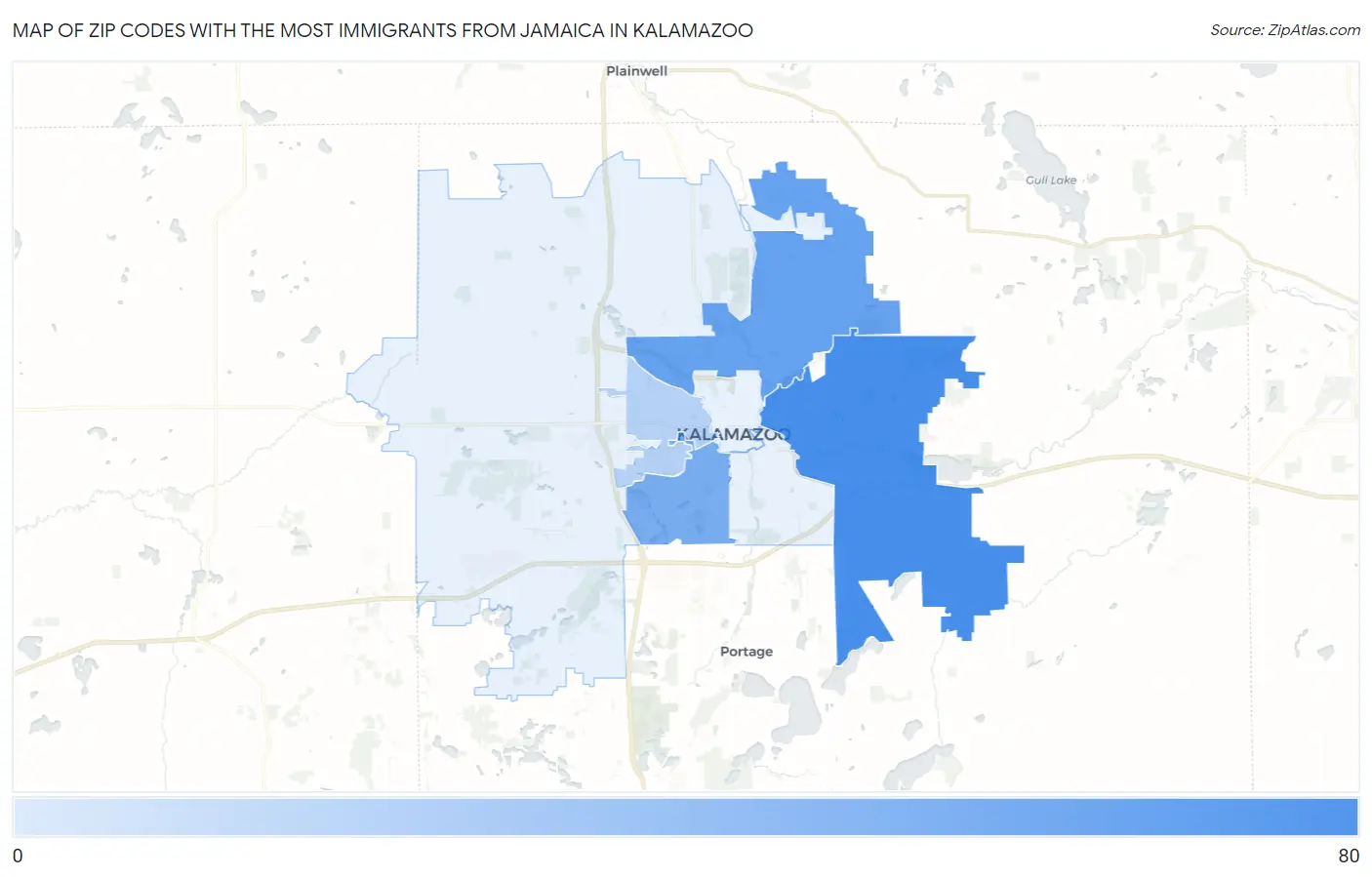 Zip Codes with the Most Immigrants from Jamaica in Kalamazoo Map