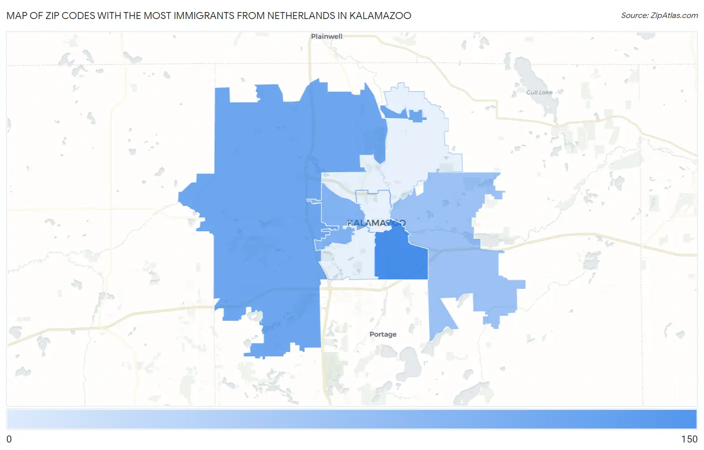 Zip Codes with the Most Immigrants from Netherlands in Kalamazoo Map