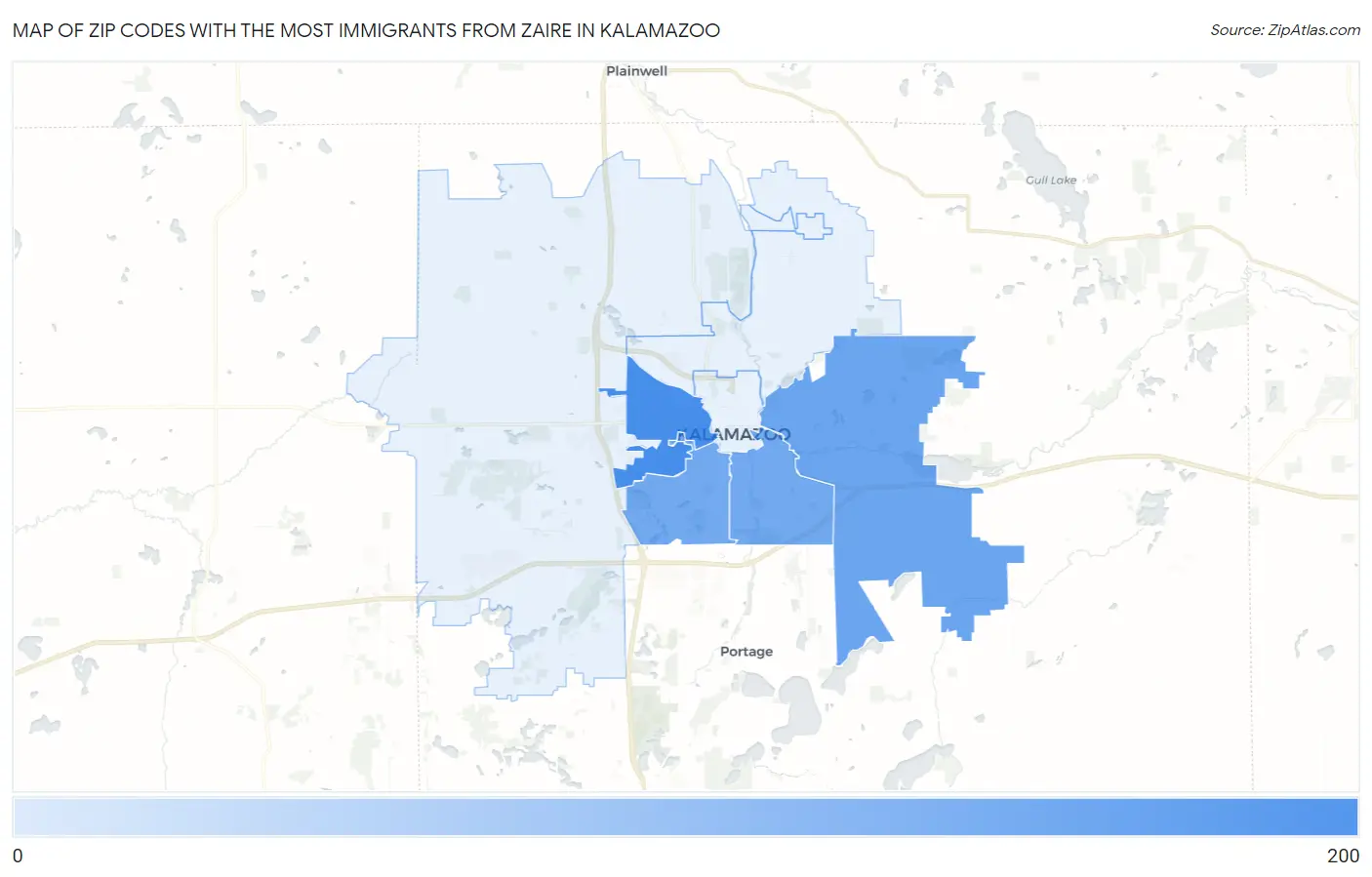 Zip Codes with the Most Immigrants from Zaire in Kalamazoo Map