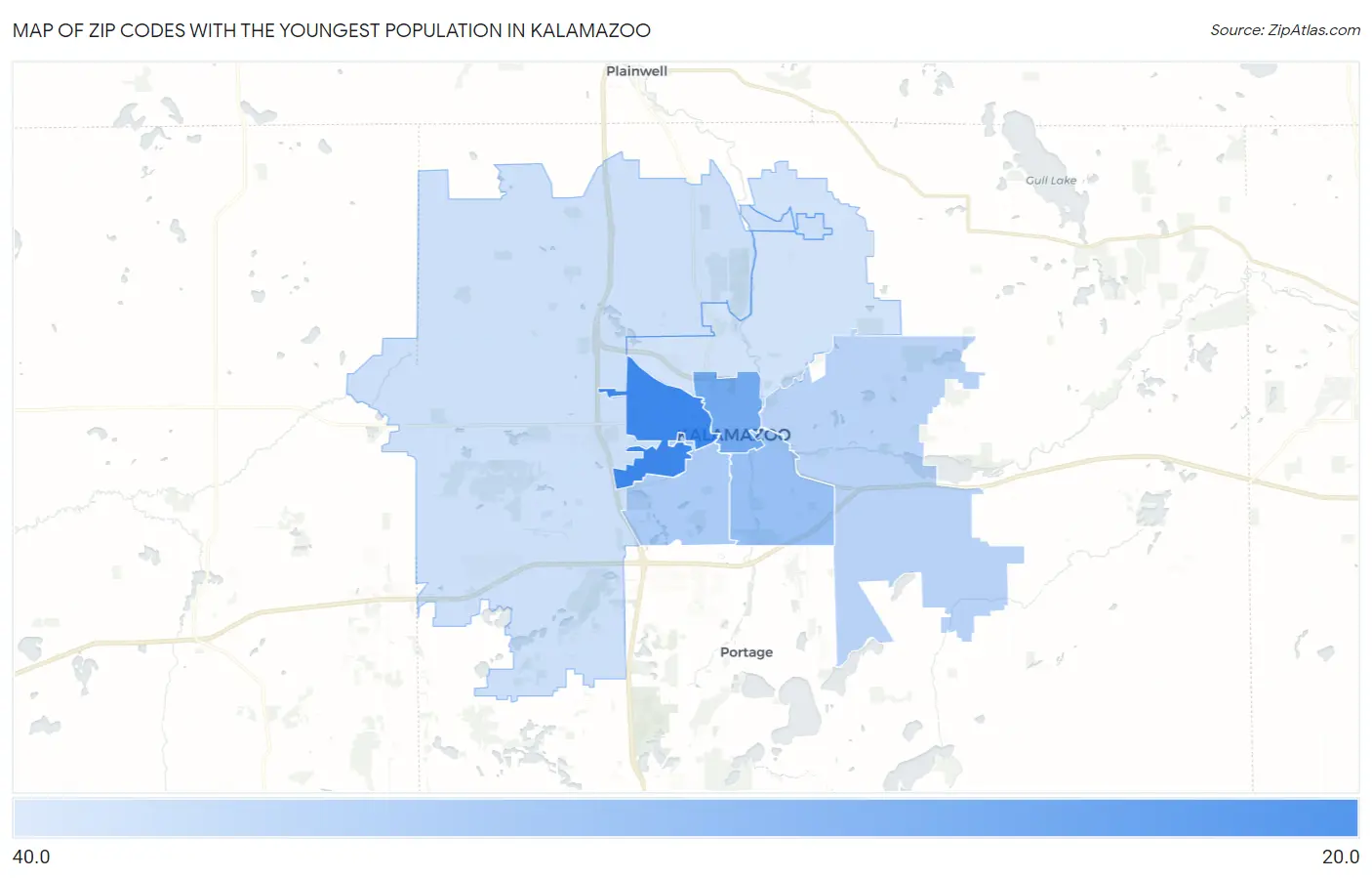 Zip Codes with the Youngest Population in Kalamazoo Map