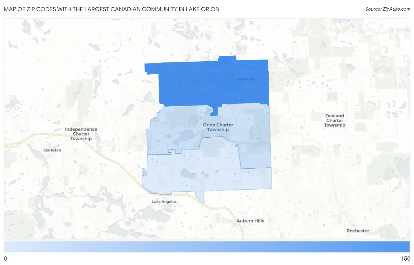Zip Codes with the Largest Canadian Community in Lake Orion Map