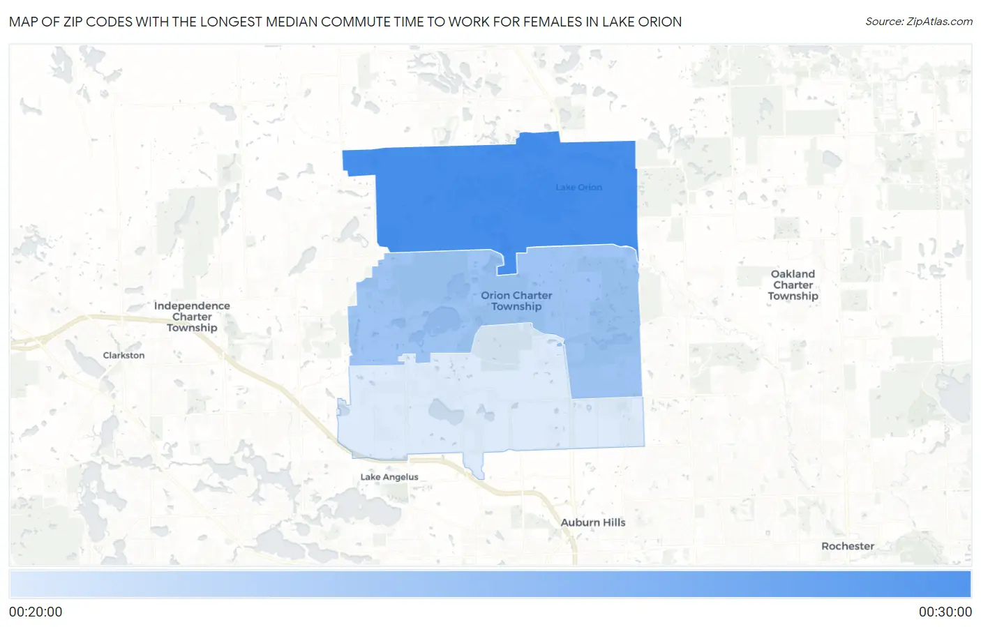 Zip Codes with the Longest Median Commute Time to Work for Females in Lake Orion Map
