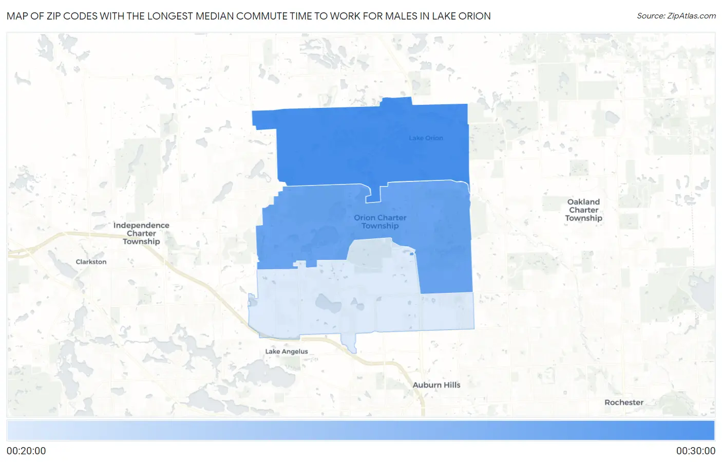 Zip Codes with the Longest Median Commute Time to Work for Males in Lake Orion Map