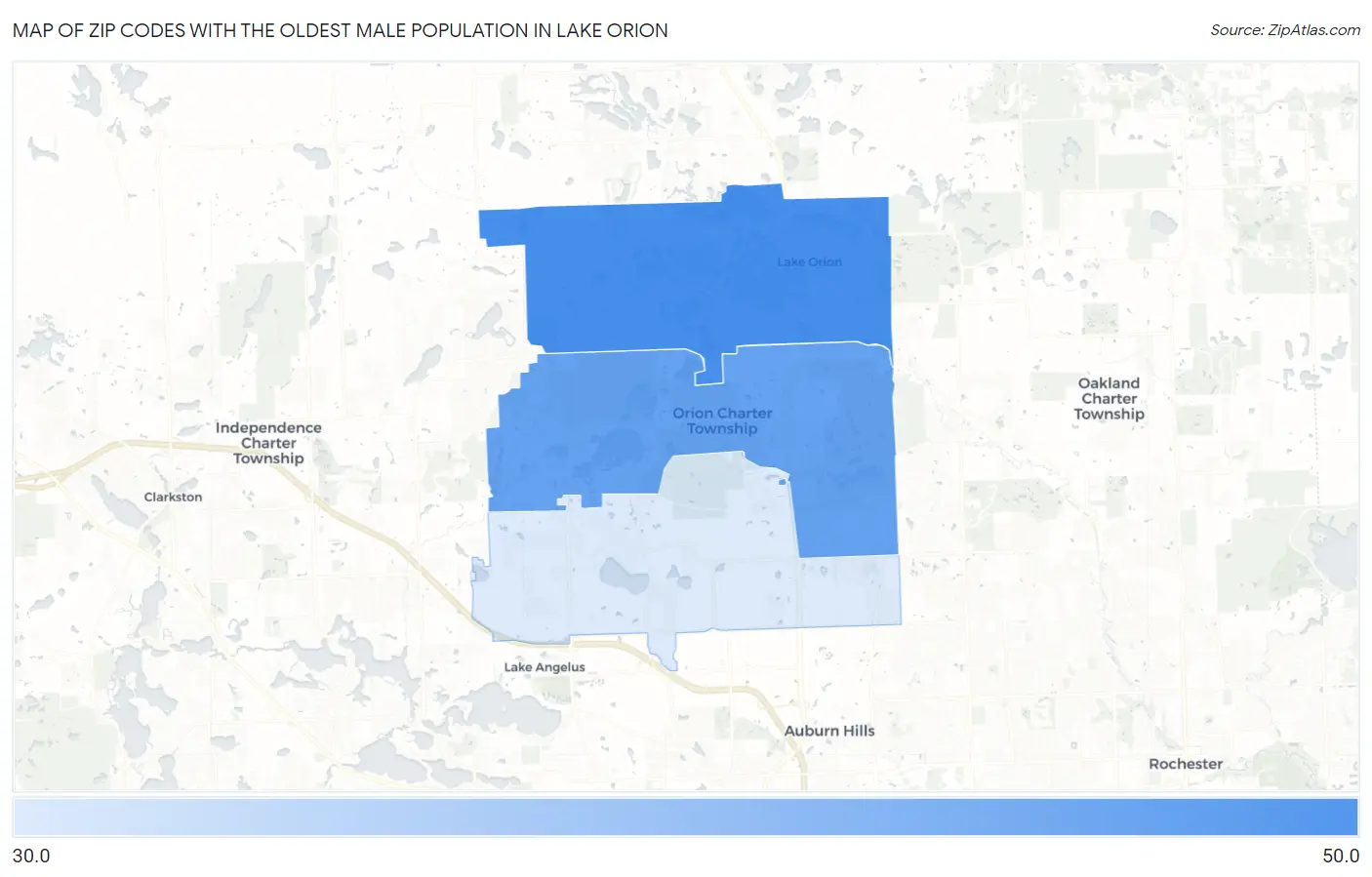 Zip Codes with the Oldest Male Population in Lake Orion Map