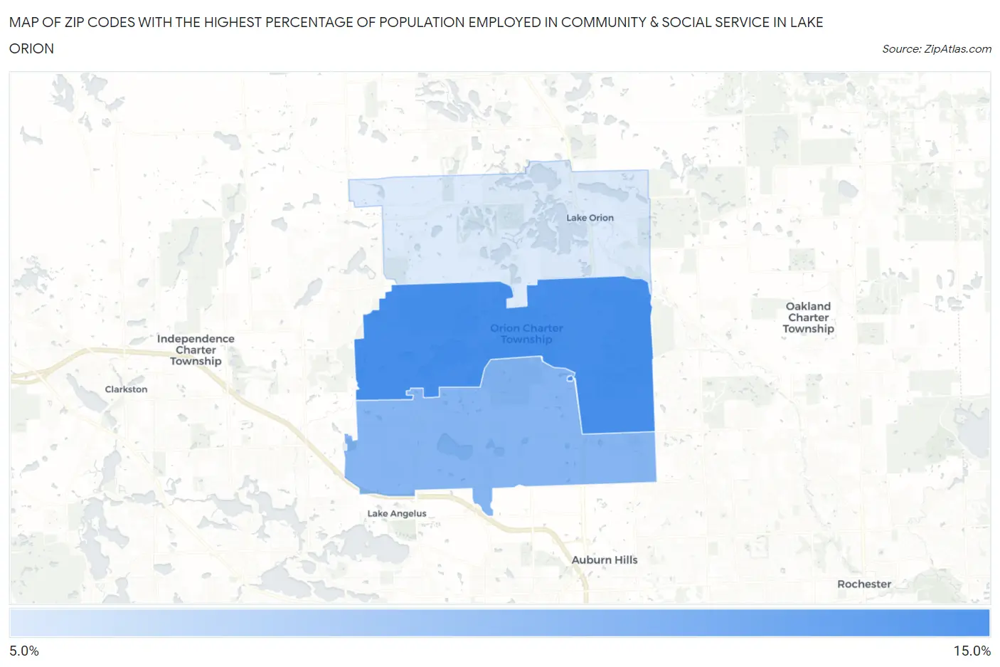 Zip Codes with the Highest Percentage of Population Employed in Community & Social Service  in Lake Orion Map