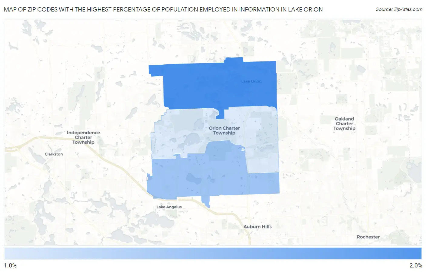 Zip Codes with the Highest Percentage of Population Employed in Information in Lake Orion Map