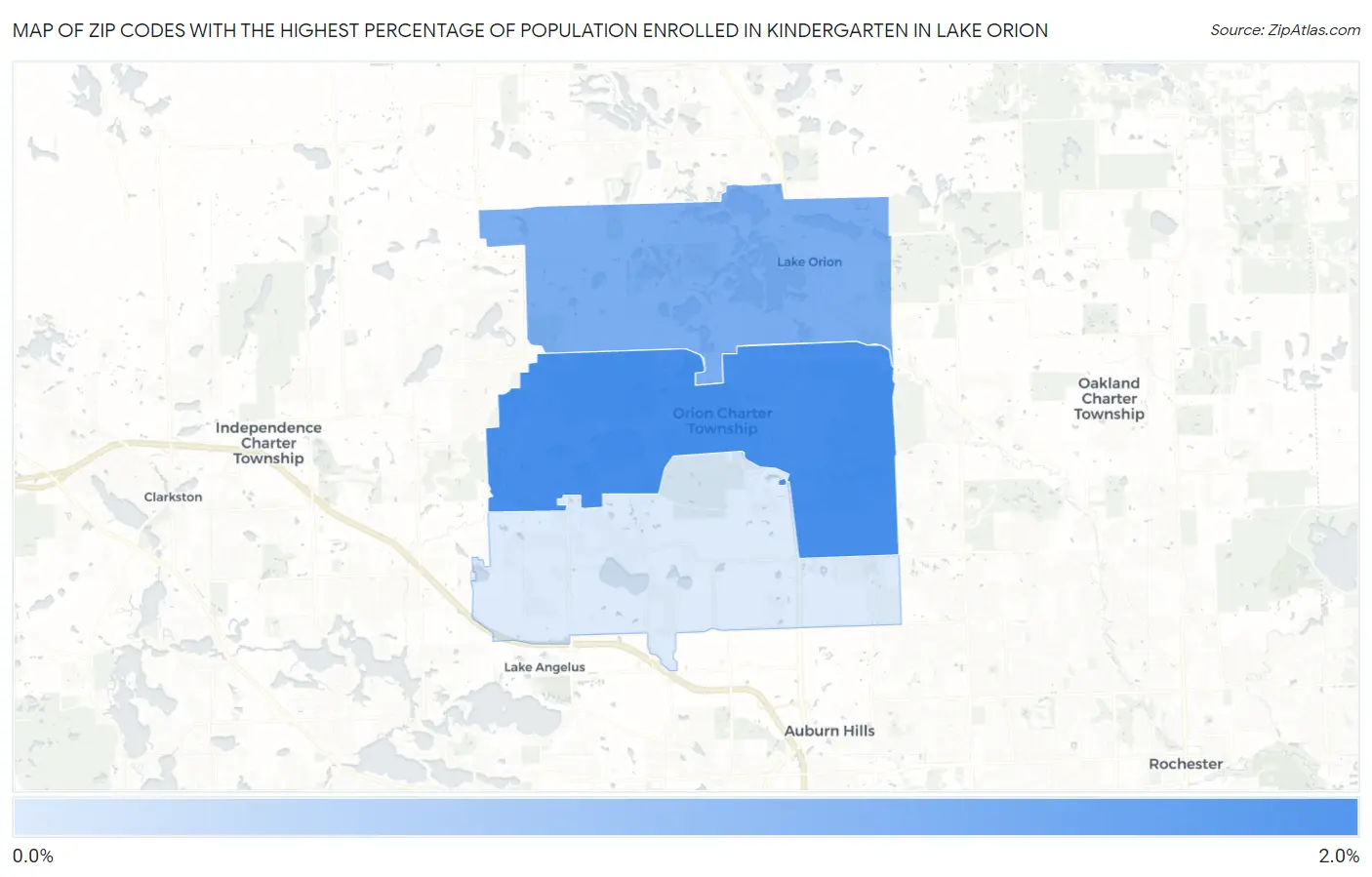 Zip Codes with the Highest Percentage of Population Enrolled in Kindergarten in Lake Orion Map
