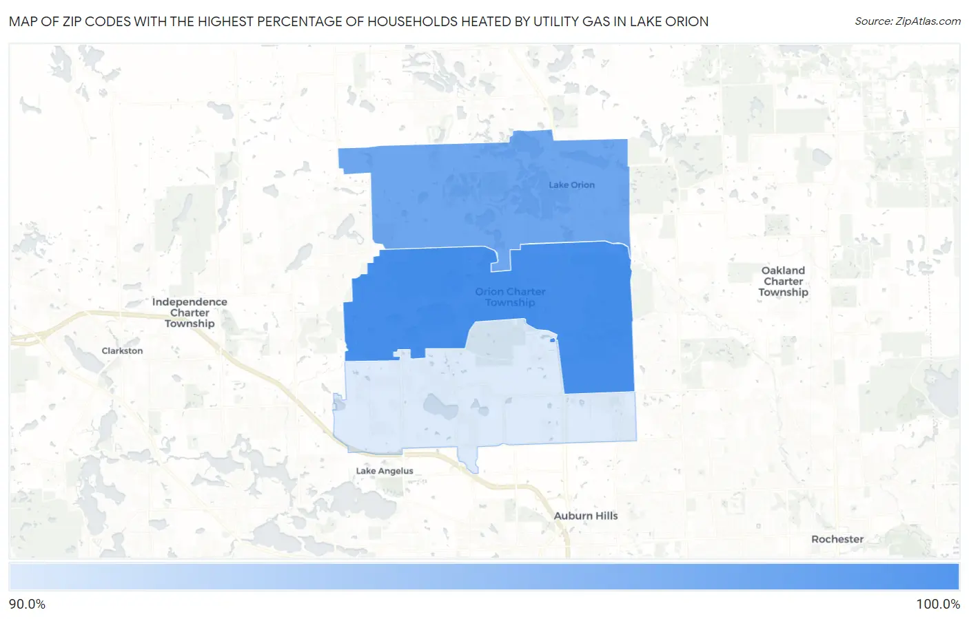 Zip Codes with the Highest Percentage of Households Heated by Utility Gas in Lake Orion Map