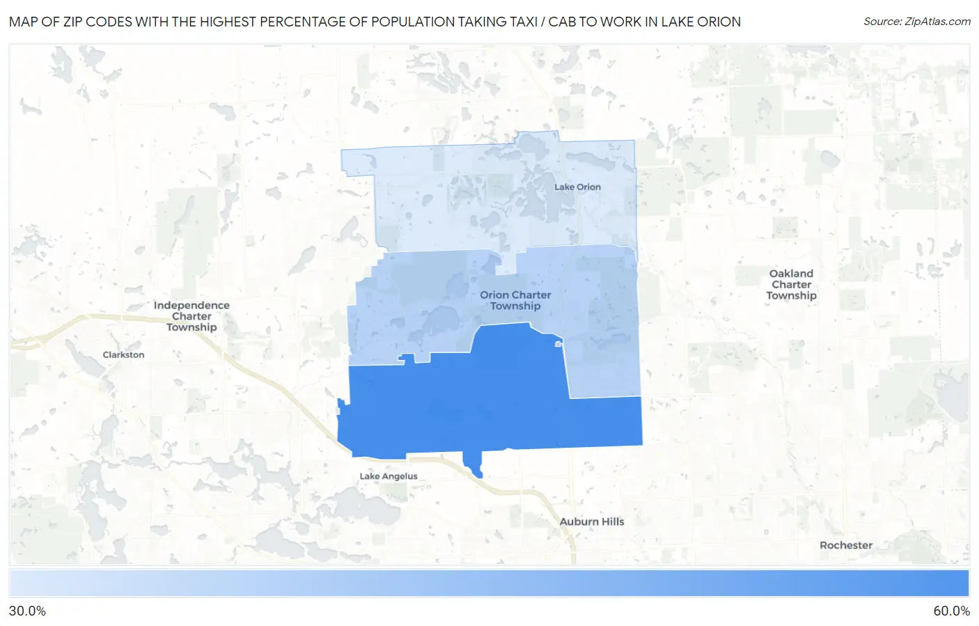 Zip Codes with the Highest Percentage of Population Taking Taxi / Cab to Work in Lake Orion Map