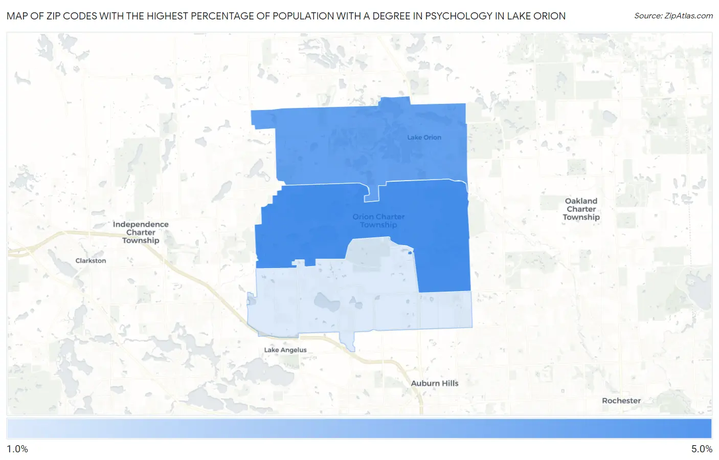 Zip Codes with the Highest Percentage of Population with a Degree in Psychology in Lake Orion Map