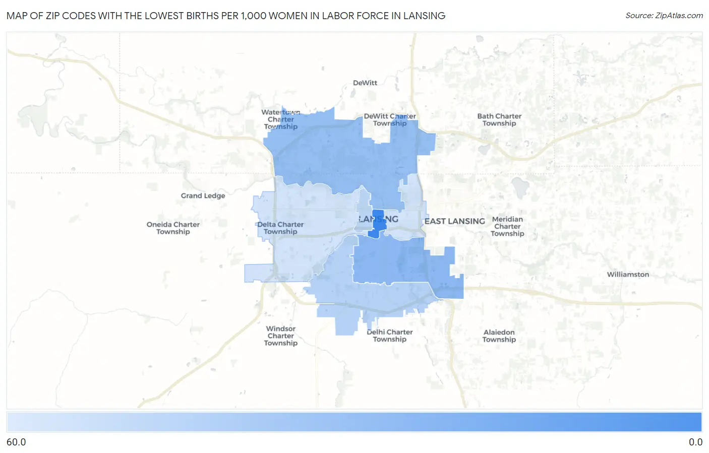 Zip Codes with the Lowest Births per 1,000 Women in Labor Force in Lansing Map