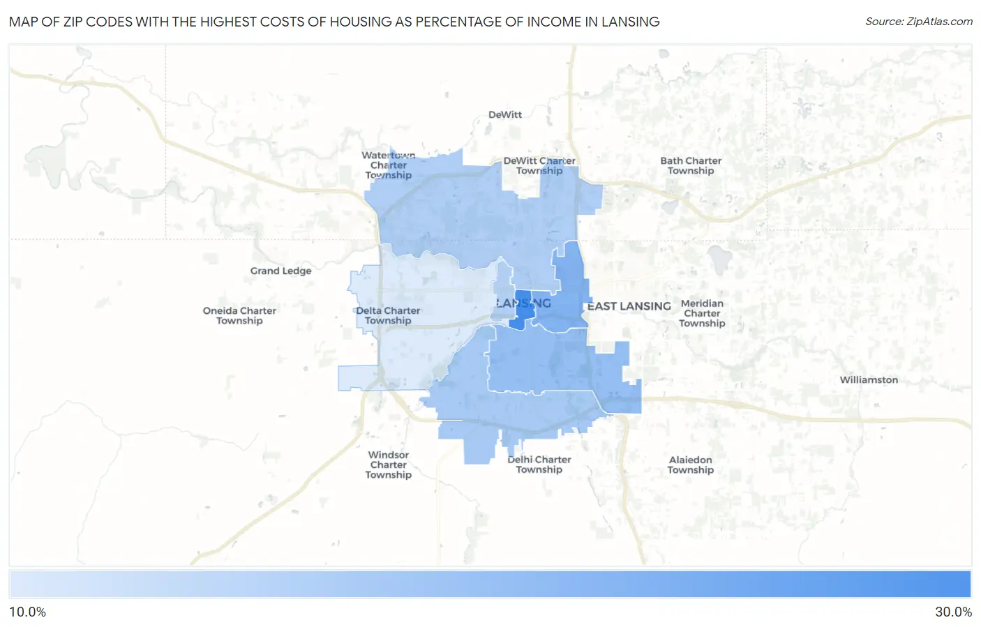 Zip Codes with the Highest Costs of Housing as Percentage of Income in Lansing Map