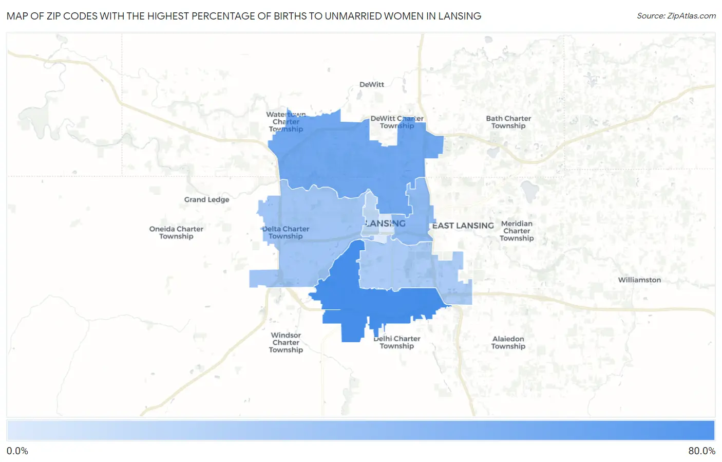 Zip Codes with the Highest Percentage of Births to Unmarried Women in Lansing Map