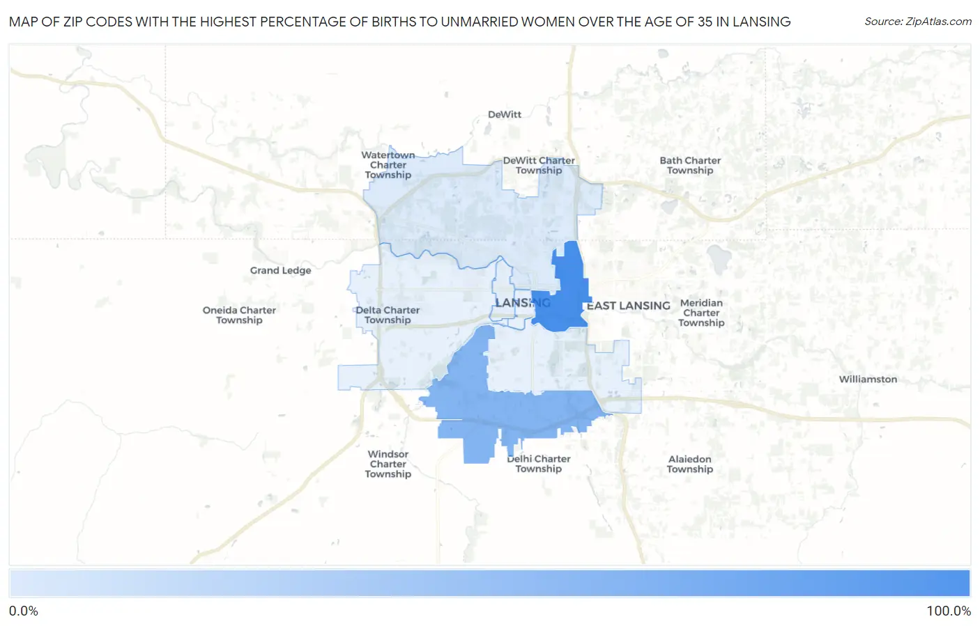 Zip Codes with the Highest Percentage of Births to Unmarried Women over the Age of 35 in Lansing Map