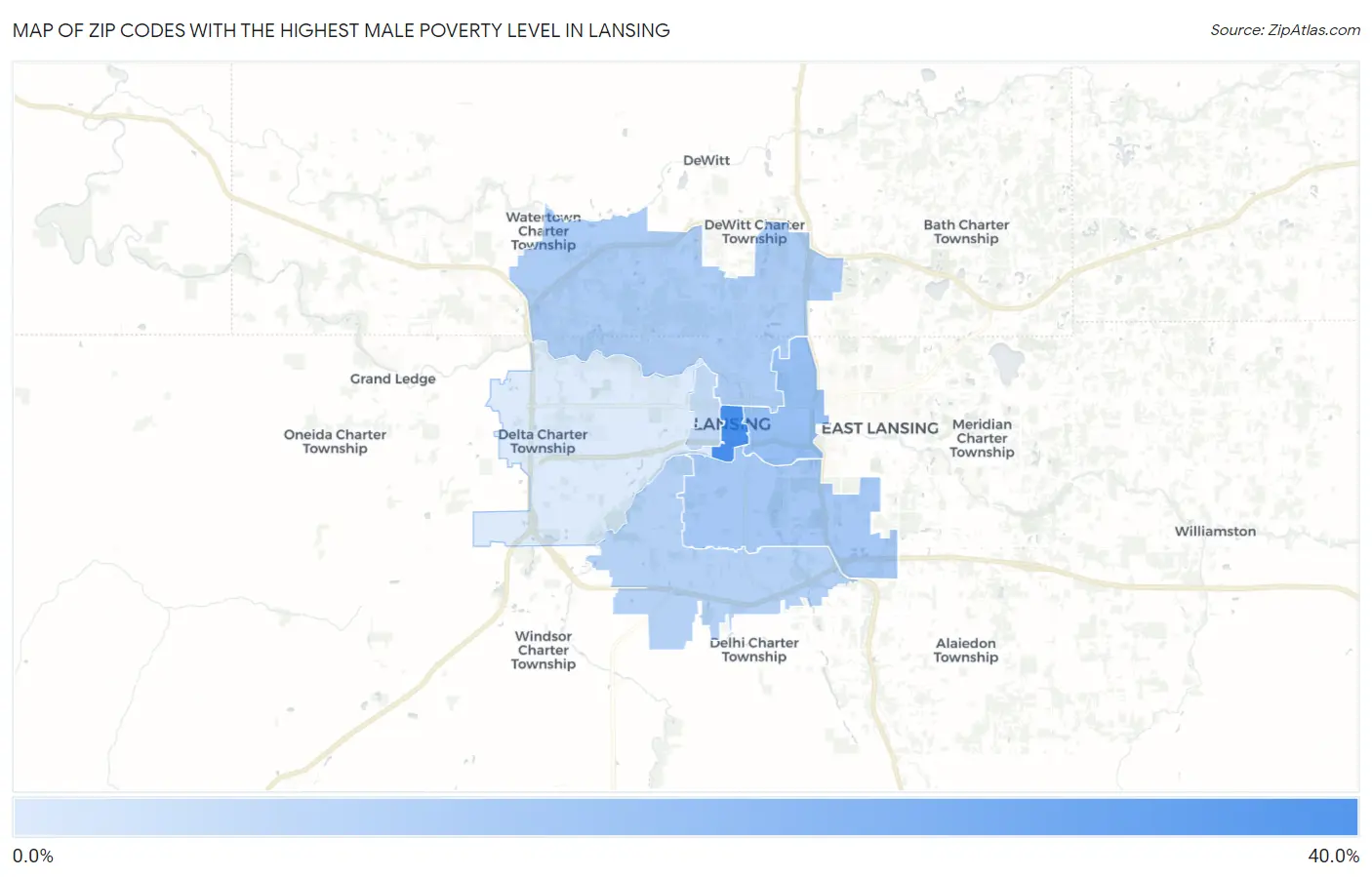 Zip Codes with the Highest Male Poverty Level in Lansing Map