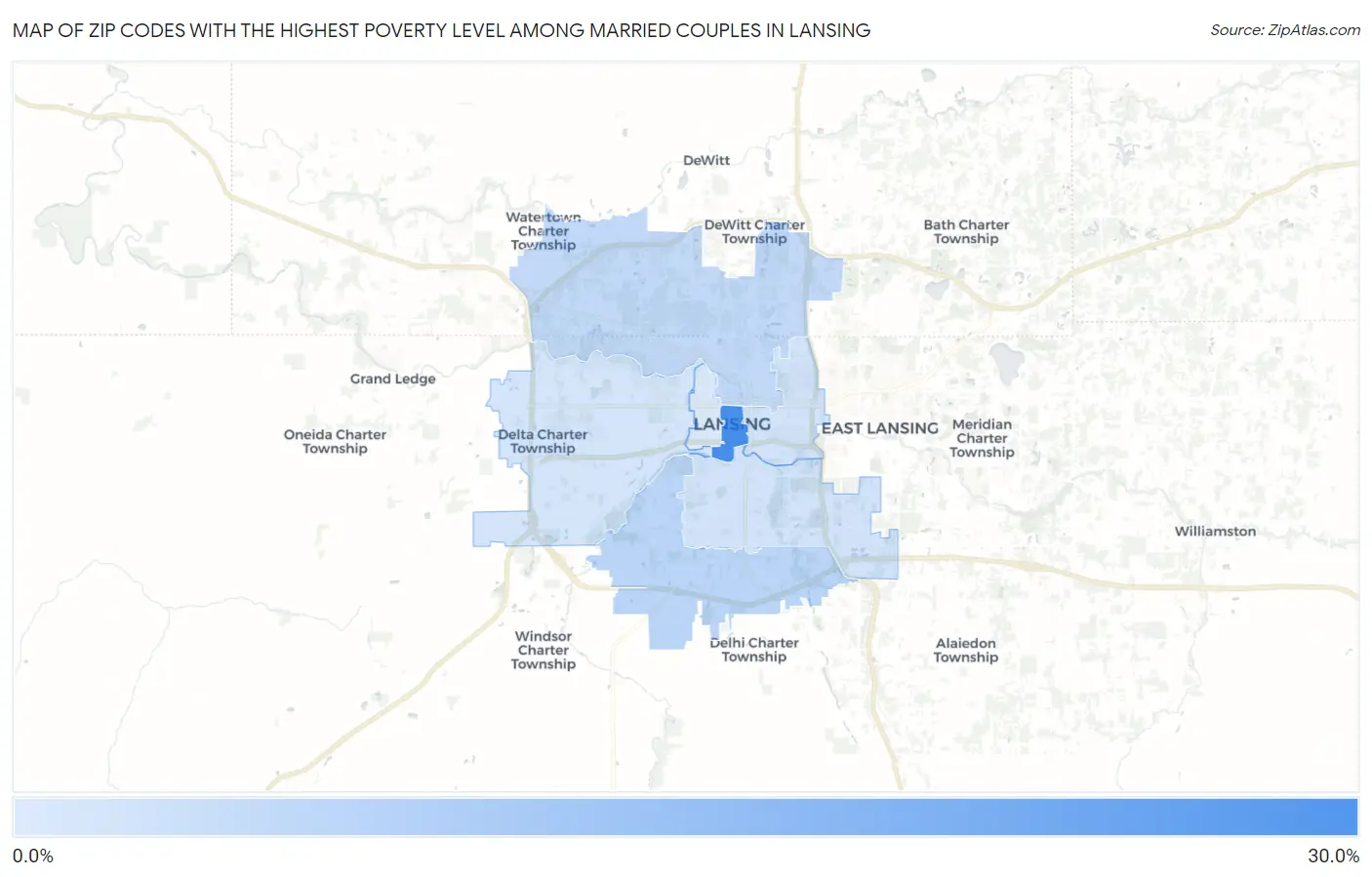 Zip Codes with the Highest Poverty Level Among Married Couples in Lansing Map
