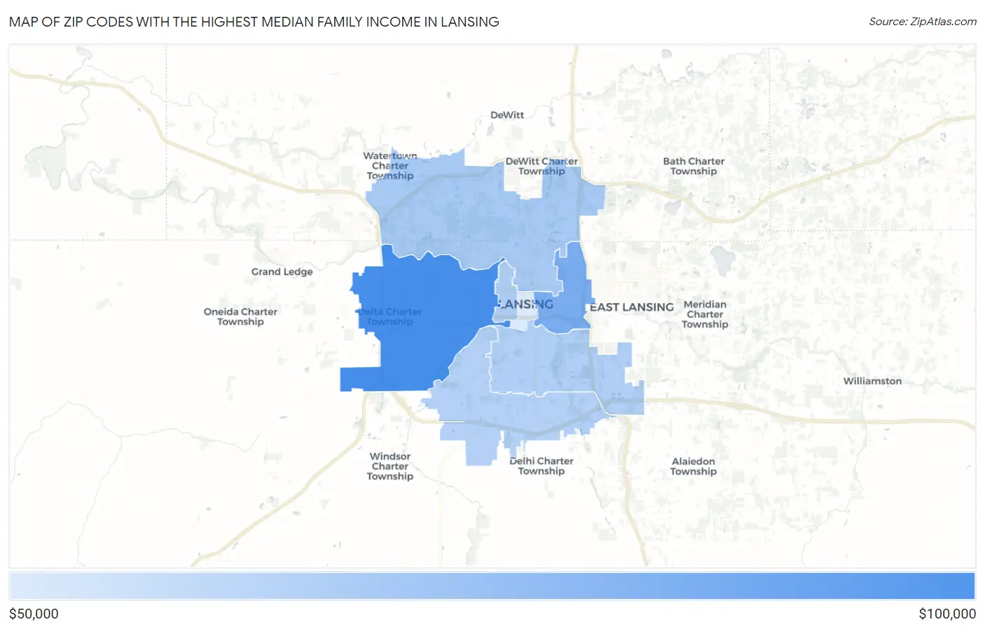 Zip Codes with the Highest Median Family Income in Lansing Map