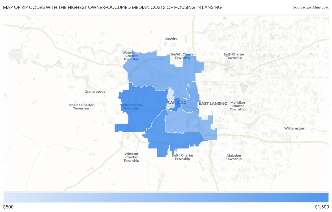 Zip Codes with the Highest Owner-Occupied Median Costs of Housing in Lansing Map