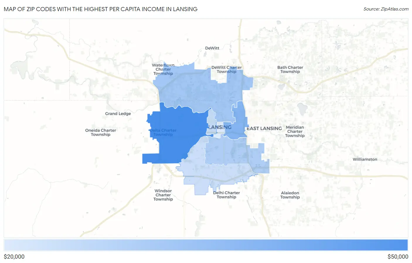 Zip Codes with the Highest Per Capita Income in Lansing Map