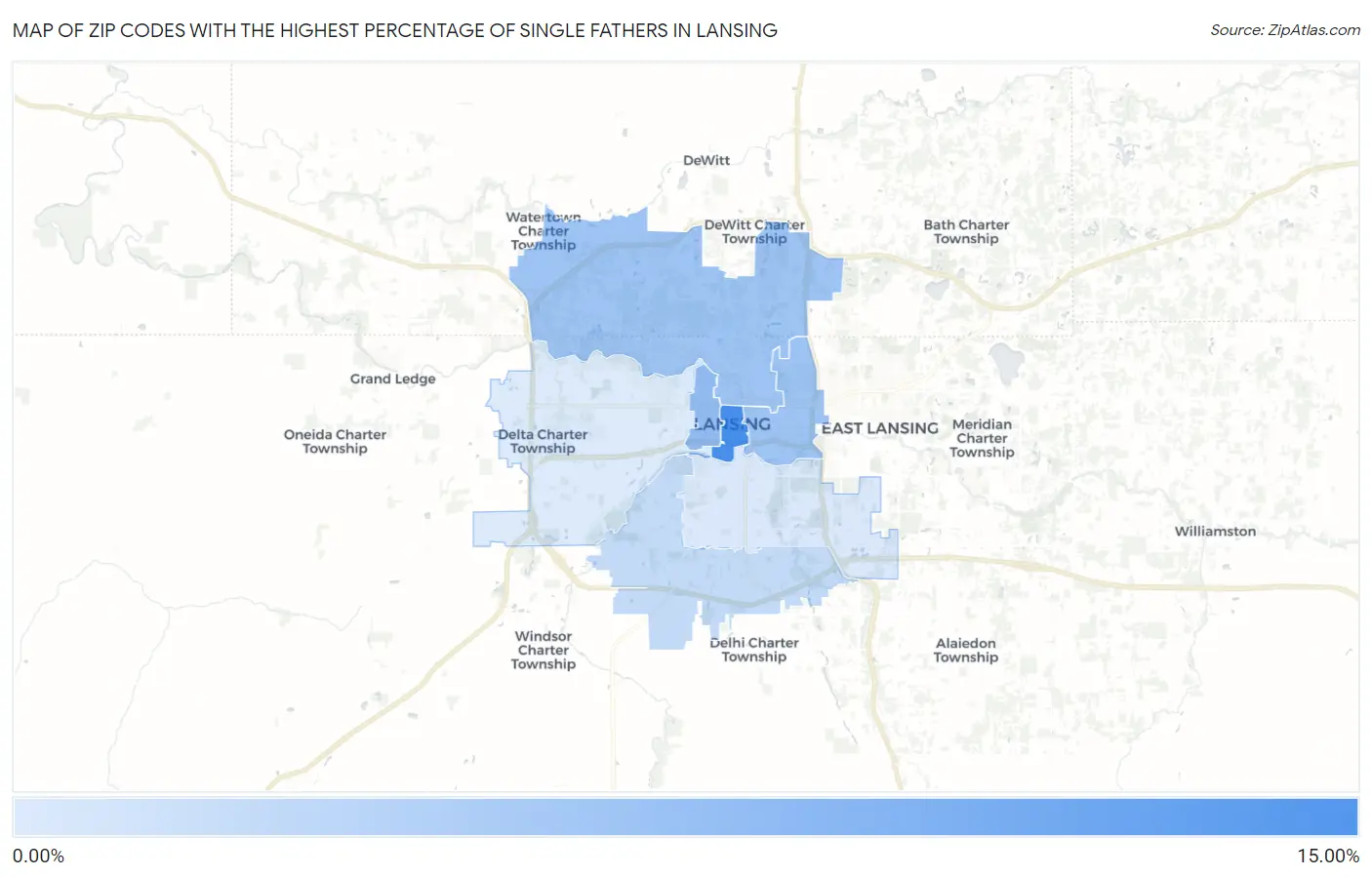 Zip Codes with the Highest Percentage of Single Fathers in Lansing Map