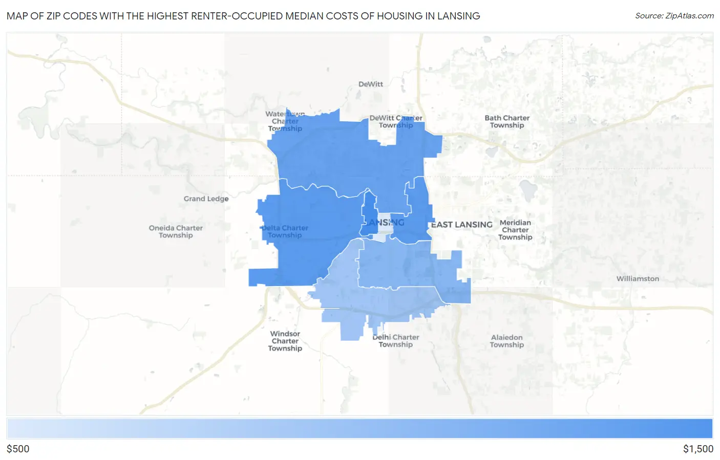 Zip Codes with the Highest Renter-Occupied Median Costs of Housing in Lansing Map