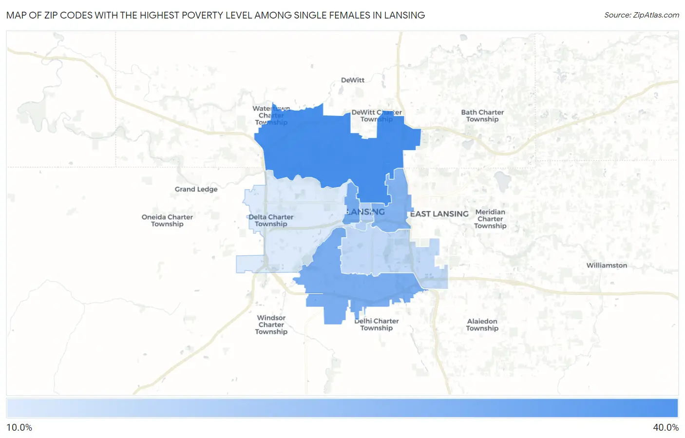 Zip Codes with the Highest Poverty Level Among Single Females in Lansing Map