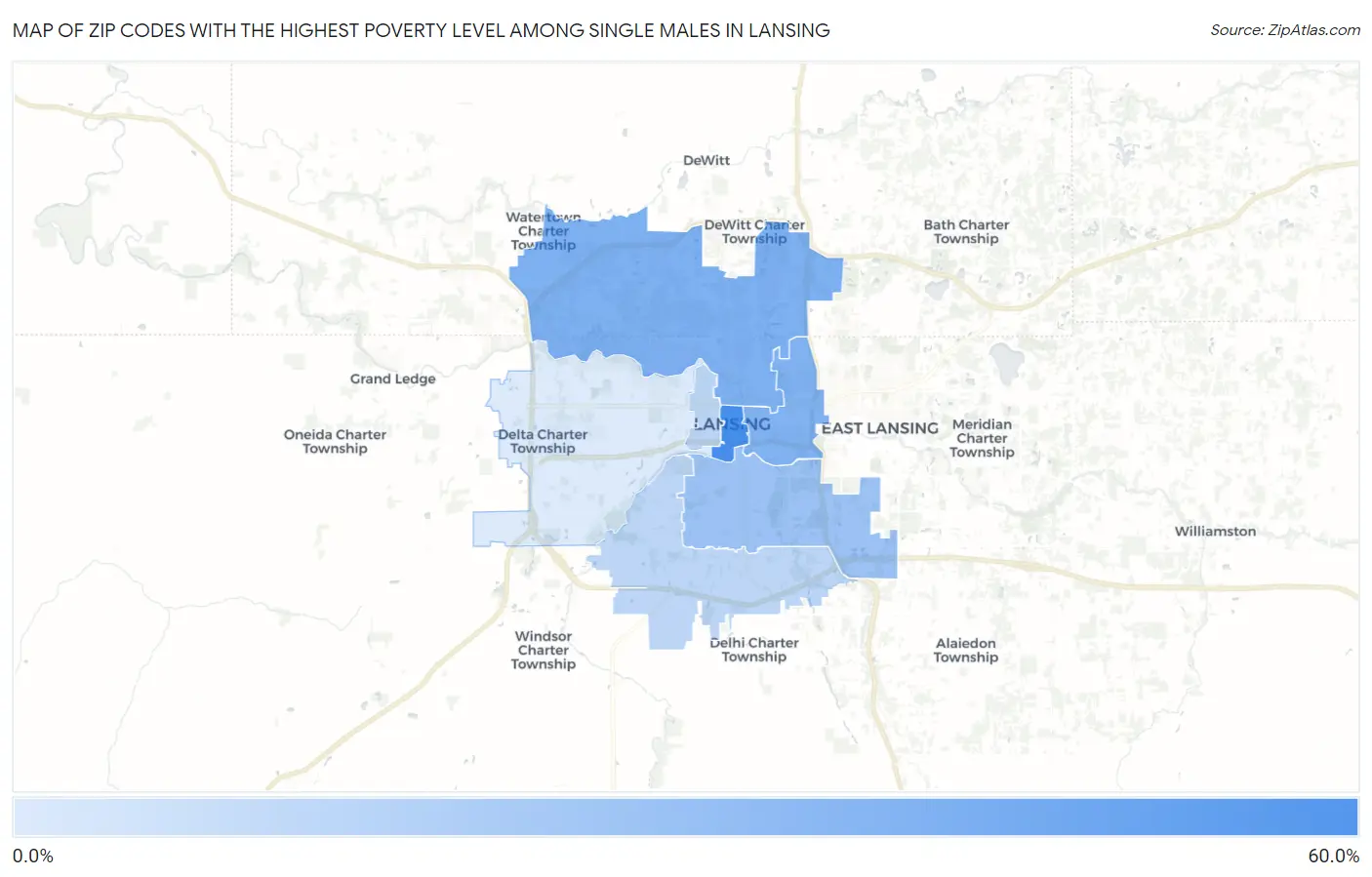 Zip Codes with the Highest Poverty Level Among Single Males in Lansing Map