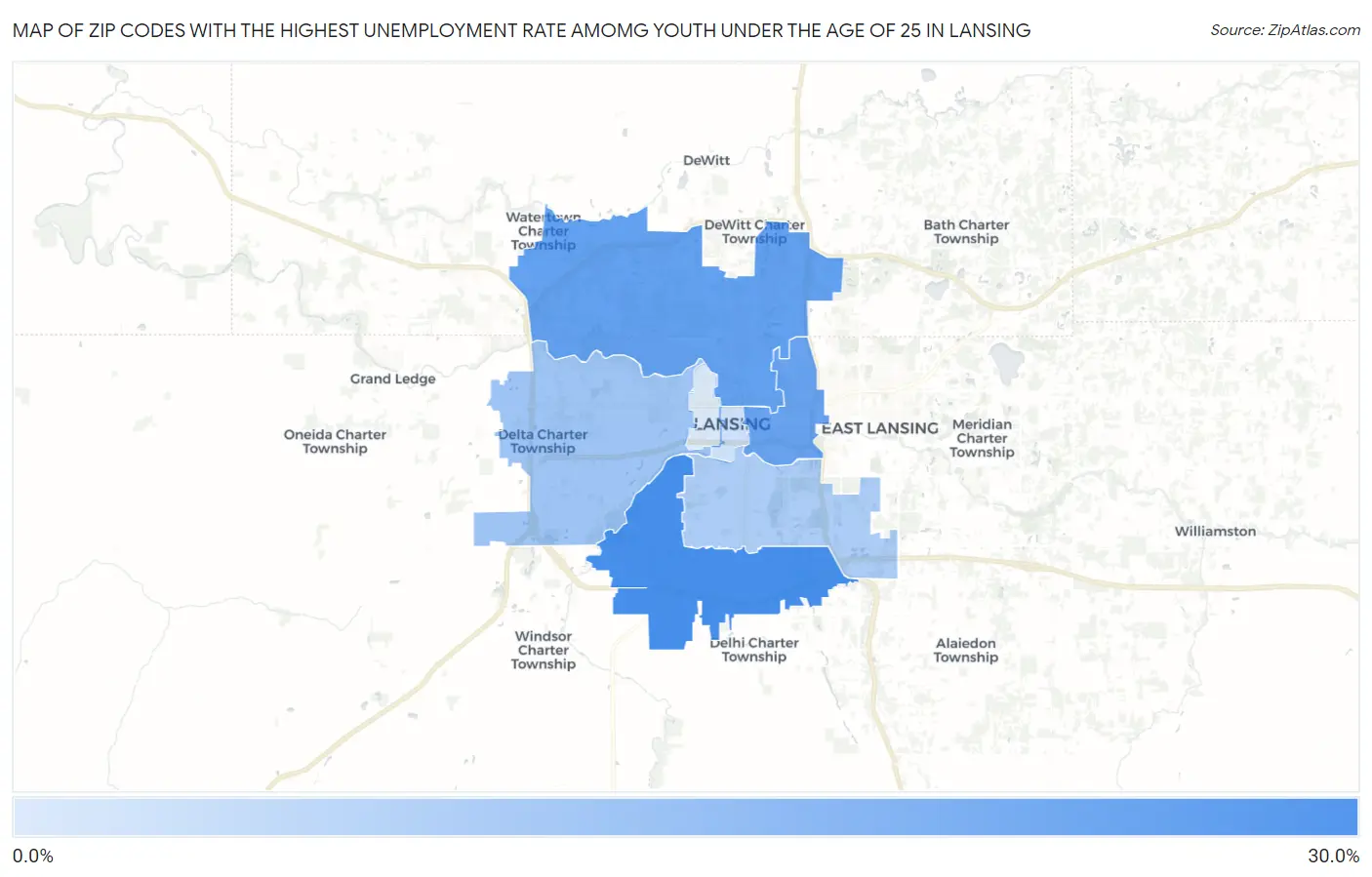 Zip Codes with the Highest Unemployment Rate Amomg Youth Under the Age of 25 in Lansing Map