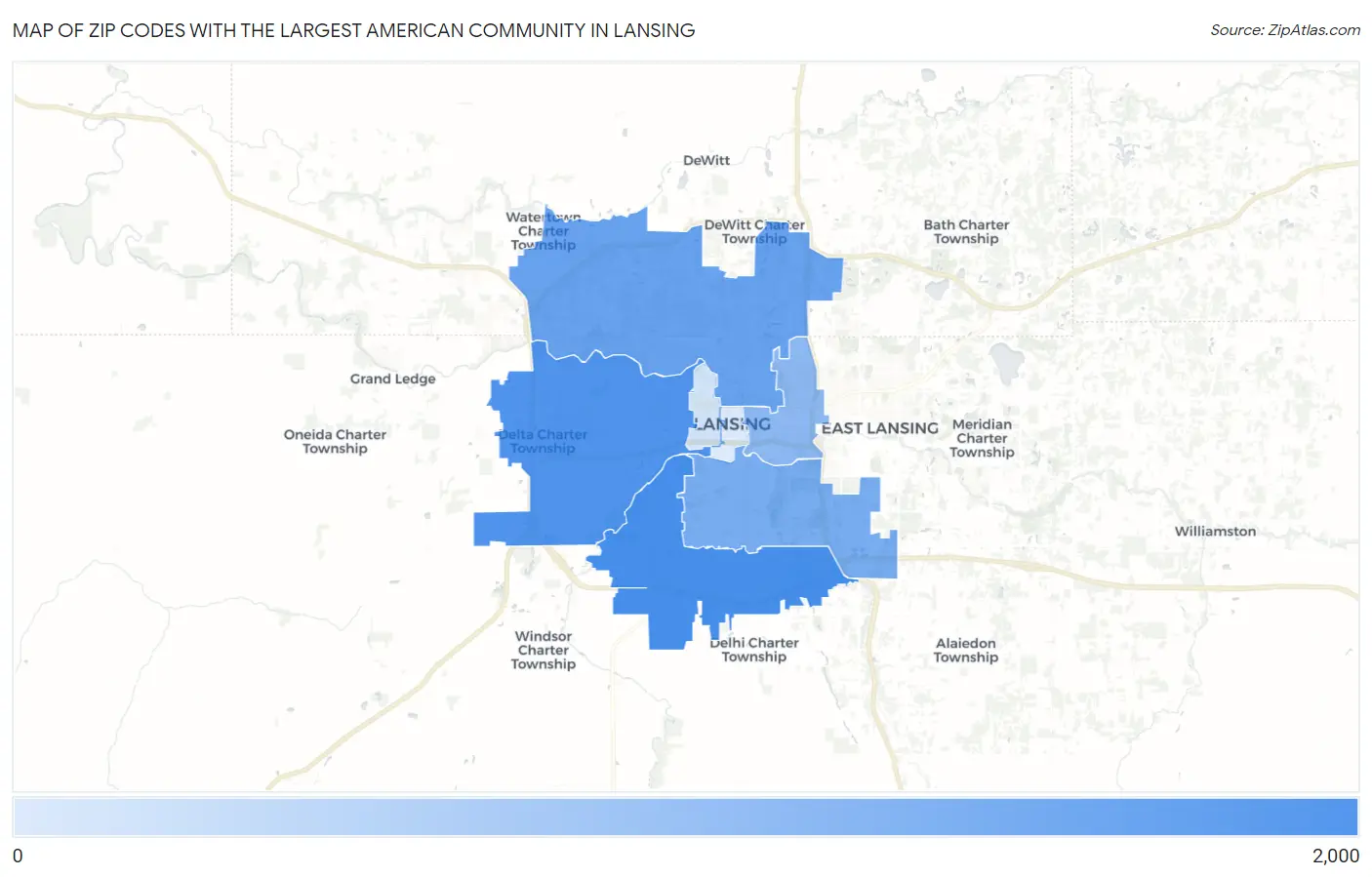 Zip Codes with the Largest American Community in Lansing Map