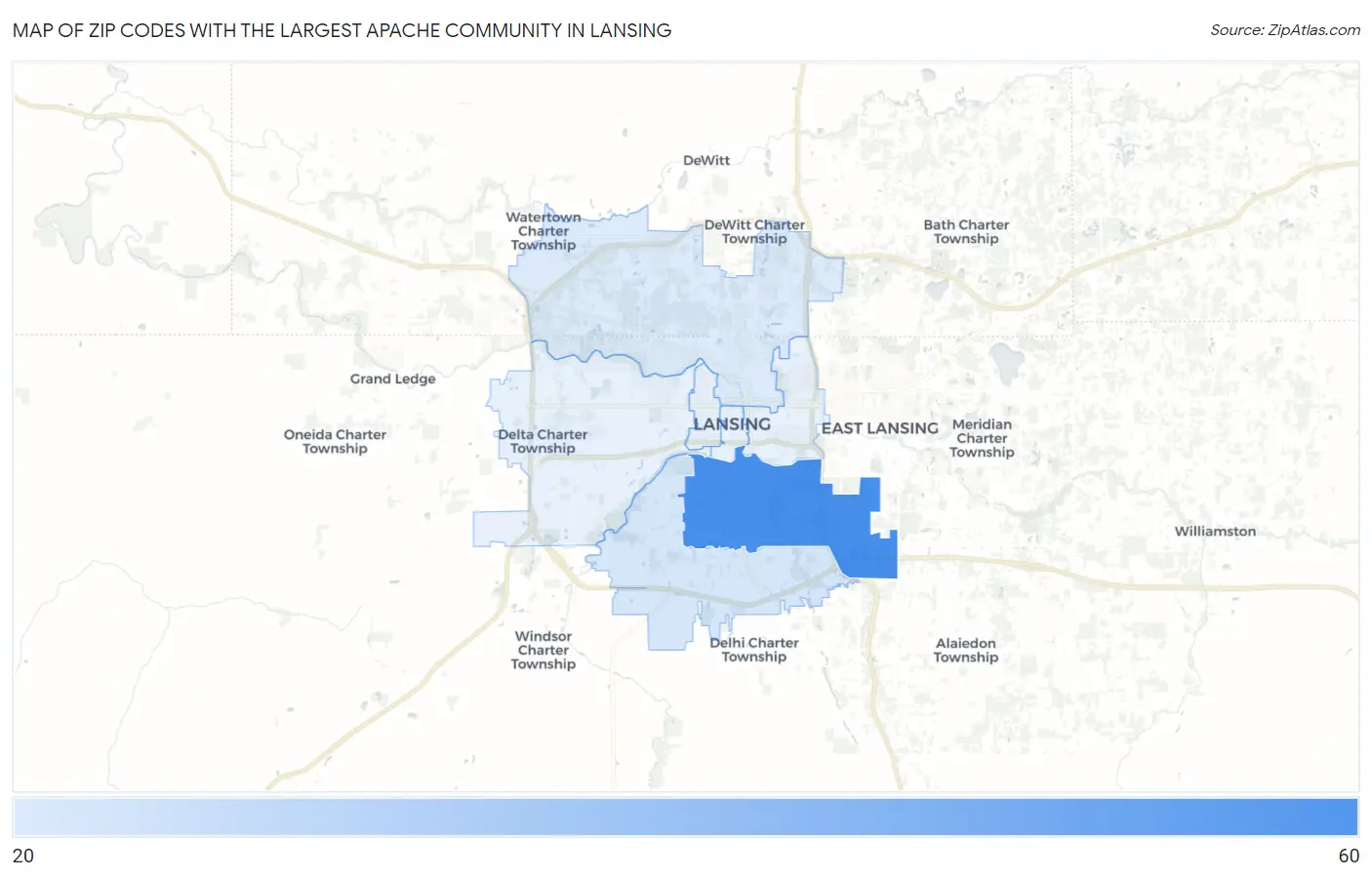 Zip Codes with the Largest Apache Community in Lansing Map