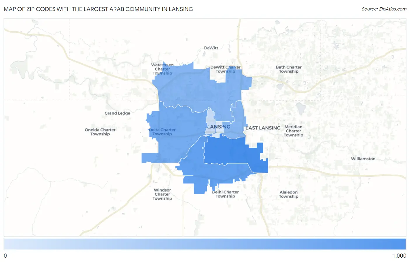 Zip Codes with the Largest Arab Community in Lansing Map